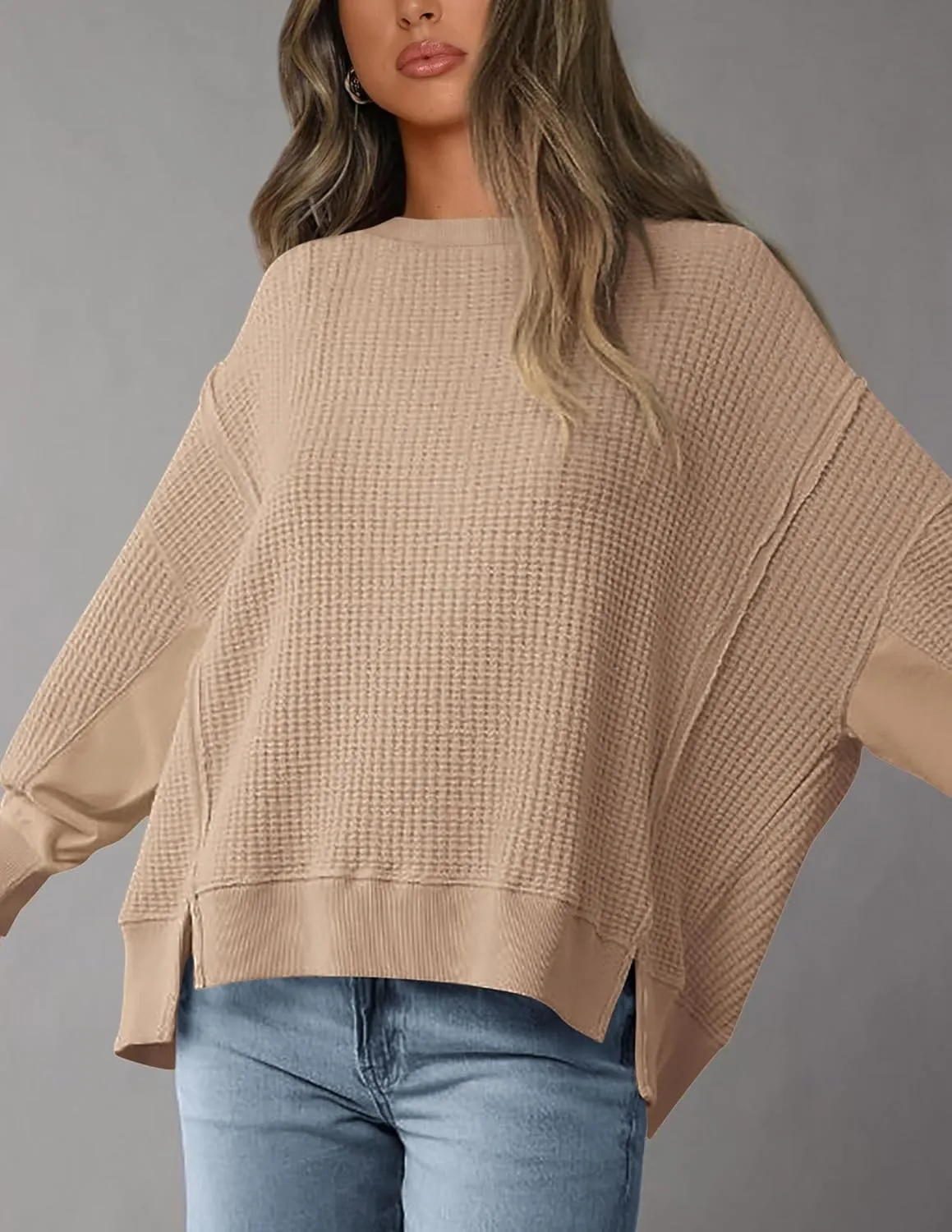 PRETTYGARDEN Women's Oversized Crewneck Sweatshirts Fall Fashion Casual Long Sleeve Pullover Waffle Knit Spring Shirts Top