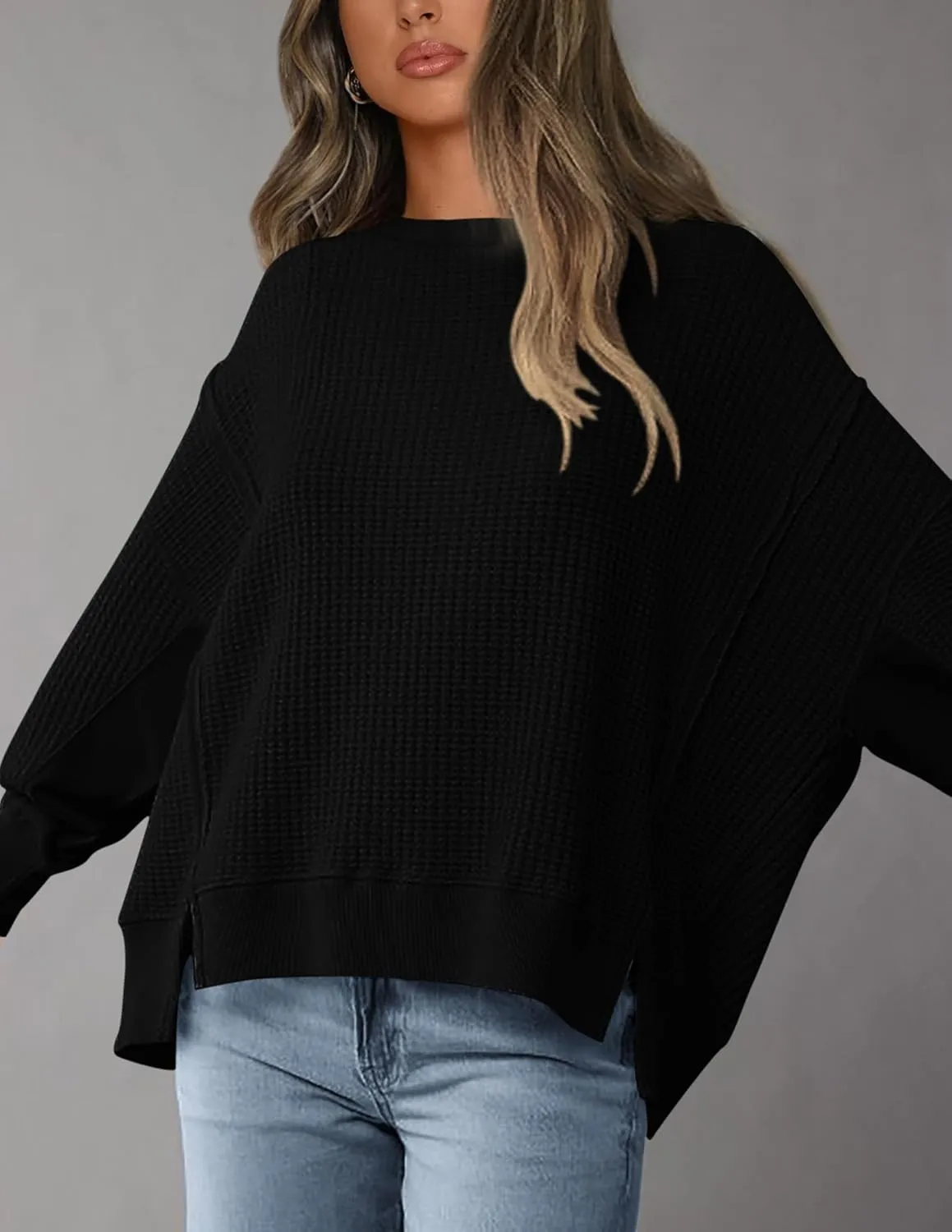 PRETTYGARDEN Women's Oversized Crewneck Sweatshirts Fall Fashion Casual Long Sleeve Pullover Waffle Knit Spring Shirts Top