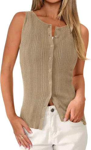PRETTYGARDEN Women's Ribbed Tank Tops Summer 2025 Open Front Button Down Sleeveless Shirts Going Out Spring Fashion Vest Tops
