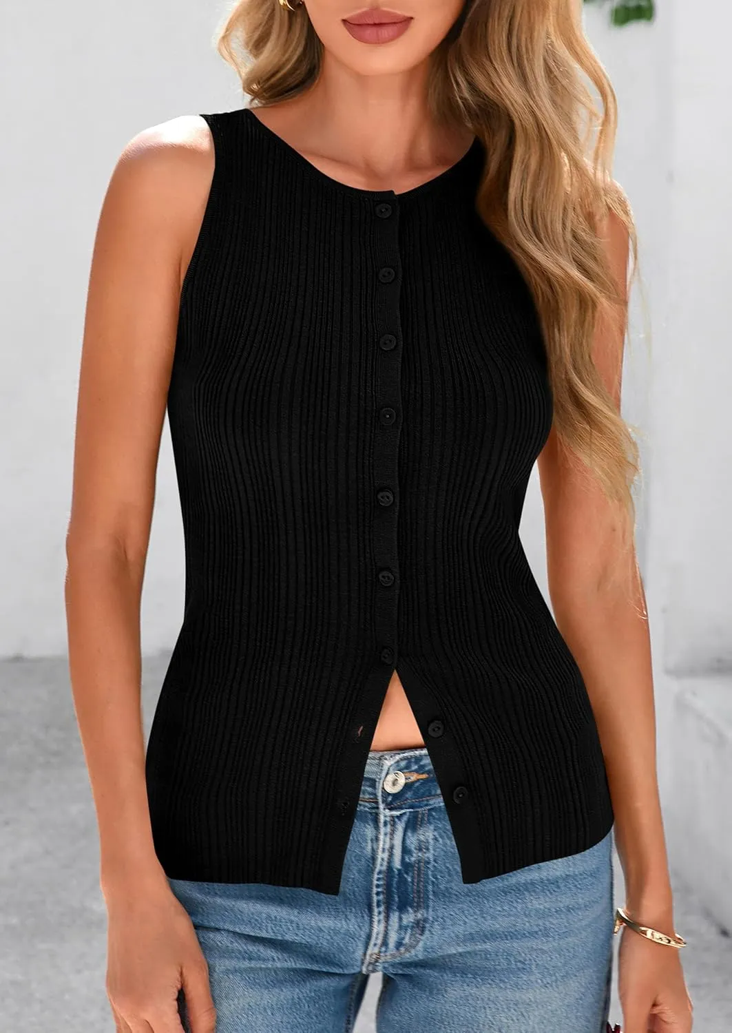 PRETTYGARDEN Women's Ribbed Tank Tops Summer 2025 Open Front Button Down Sleeveless Shirts Going Out Spring Fashion Vest Tops