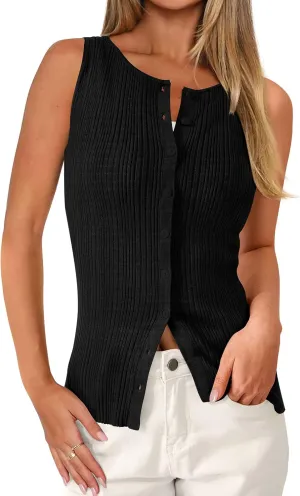PRETTYGARDEN Women's Ribbed Tank Tops Summer 2025 Open Front Button Down Sleeveless Shirts Going Out Spring Fashion Vest Tops