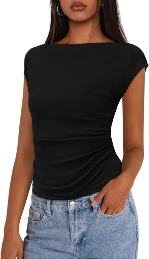 PRETTYGARDEN Women's Ruched Crop Tank Tops 2025 Summer Trendy Cap Sleeve Ribbed Knit Basic Fitted Going Out Tee Shirts