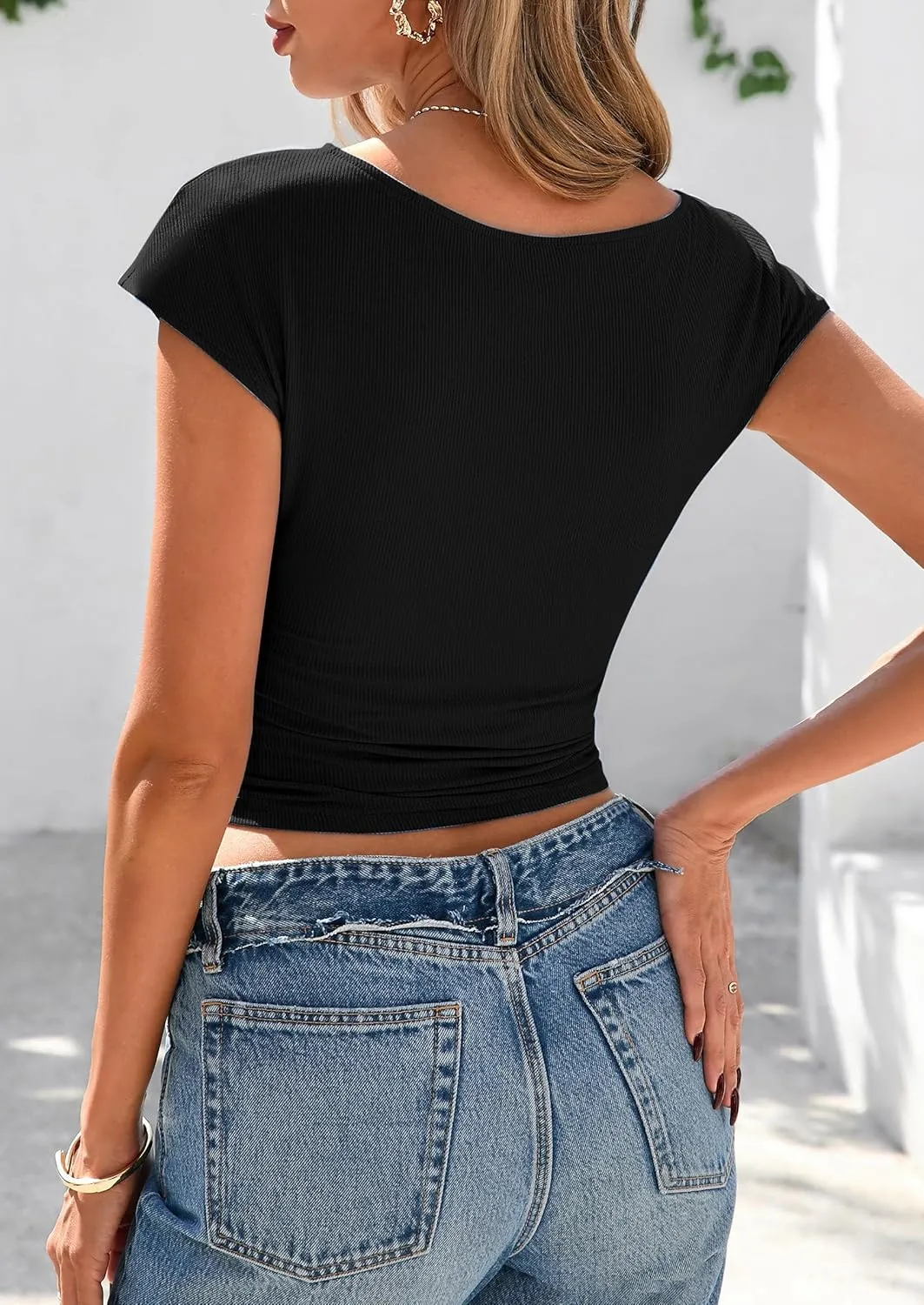 PRETTYGARDEN Women's Ruched Crop Tank Tops 2025 Summer Trendy Cap Sleeve Ribbed Knit Basic Fitted Going Out Tee Shirts