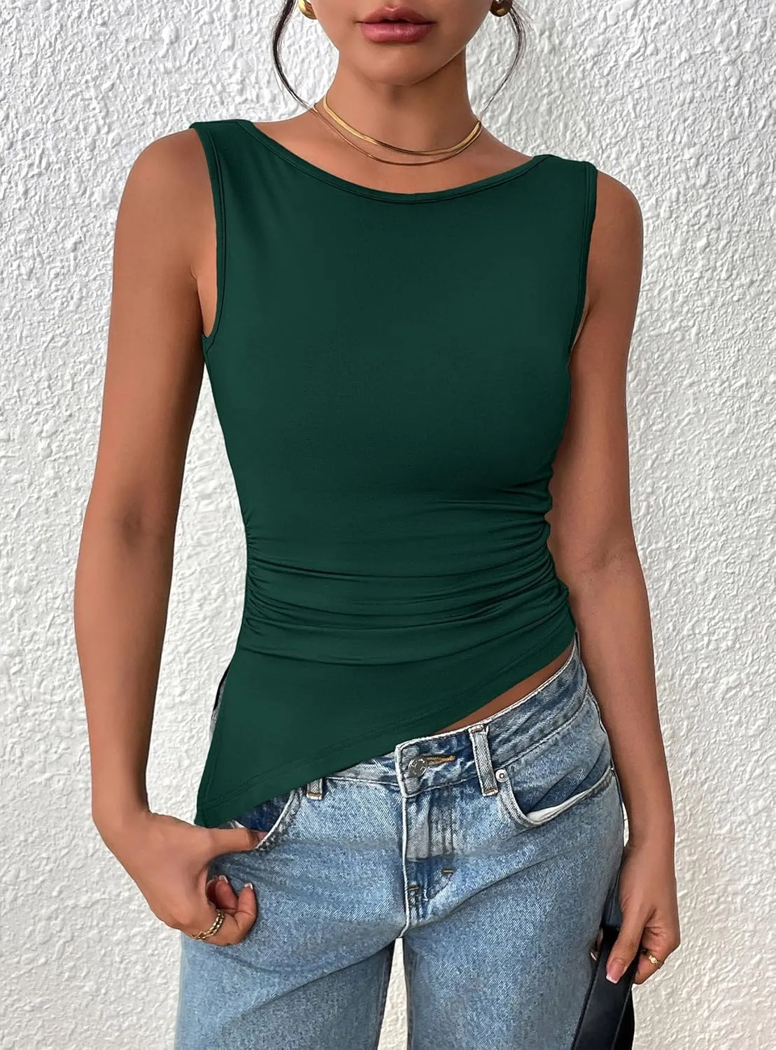 PRETTYGARDEN Womens Ruched Tank Tops 2025 Summer Sleeveless Slim Fit T Shirts Blouses Going Out Y2K Fashion Clothes