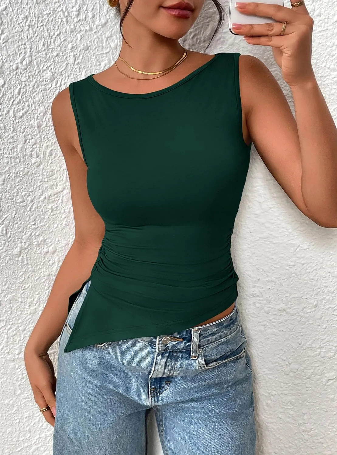 PRETTYGARDEN Womens Ruched Tank Tops 2025 Summer Sleeveless Slim Fit T Shirts Blouses Going Out Y2K Fashion Clothes