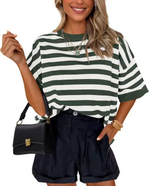 PRETTYGARDEN Womens Spring Summer Tops Fashion Striped Short Sleeve Sweater Crew Neck Lightweight Knit Oversized Shirts 2025