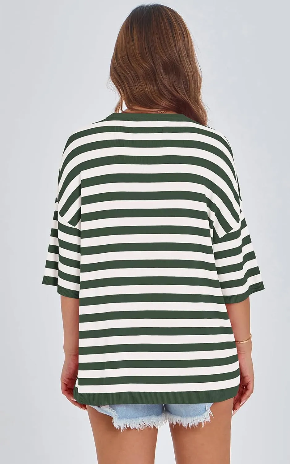 PRETTYGARDEN Womens Spring Summer Tops Fashion Striped Short Sleeve Sweater Crew Neck Lightweight Knit Oversized Shirts 2025