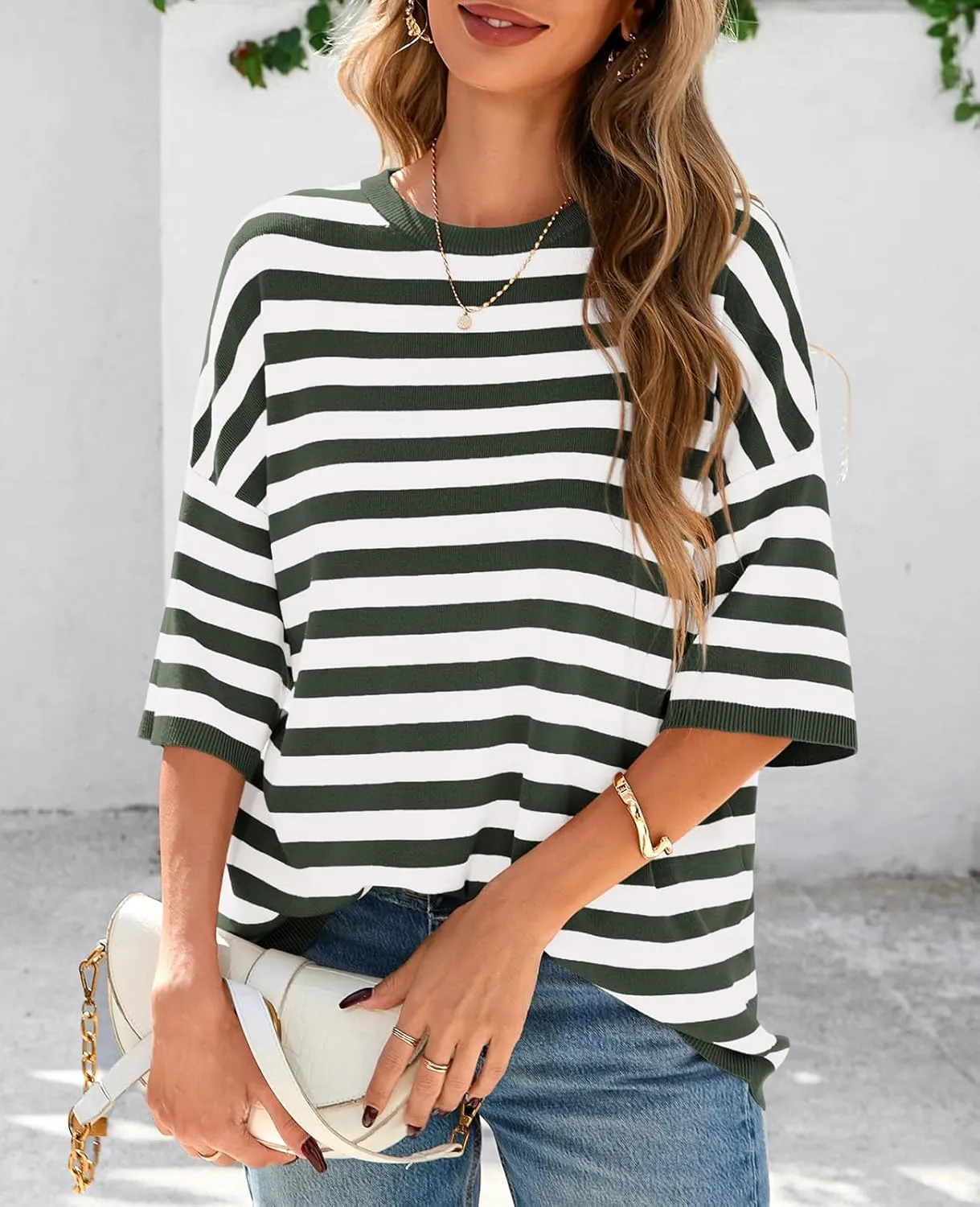 PRETTYGARDEN Womens Spring Summer Tops Fashion Striped Short Sleeve Sweater Crew Neck Lightweight Knit Oversized Shirts 2025
