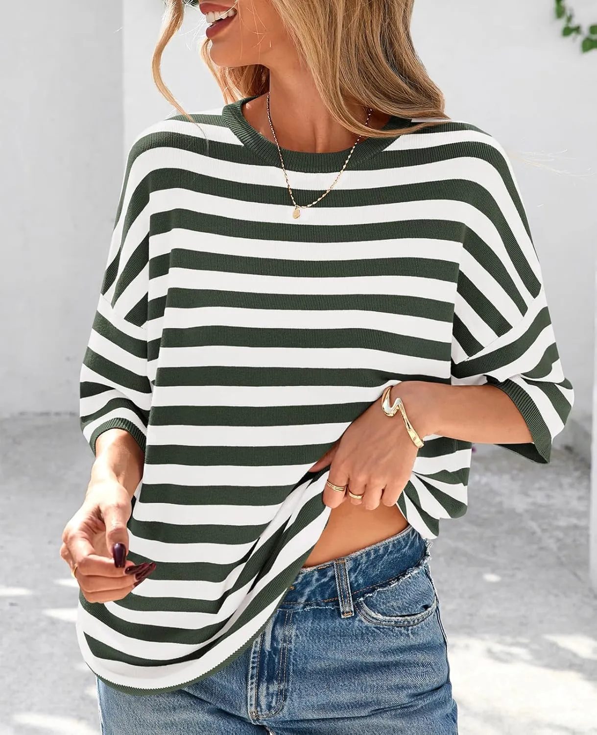 PRETTYGARDEN Womens Spring Summer Tops Fashion Striped Short Sleeve Sweater Crew Neck Lightweight Knit Oversized Shirts 2025