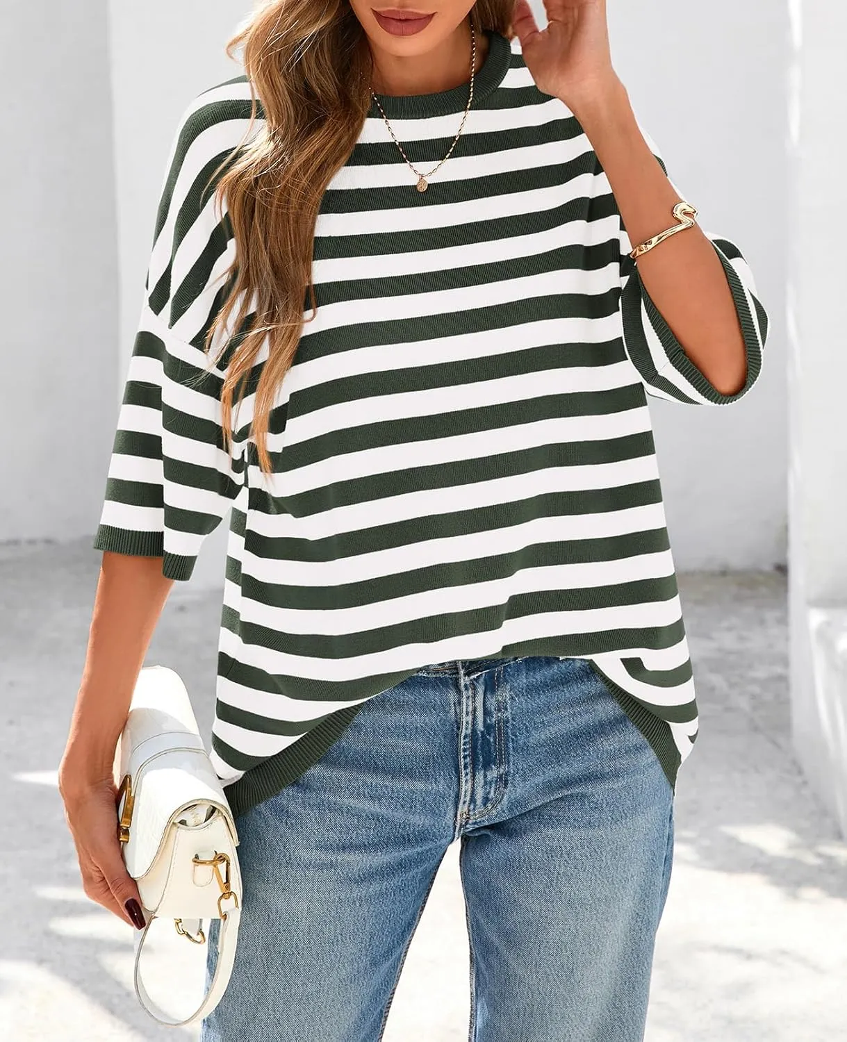 PRETTYGARDEN Womens Spring Summer Tops Fashion Striped Short Sleeve Sweater Crew Neck Lightweight Knit Oversized Shirts 2025