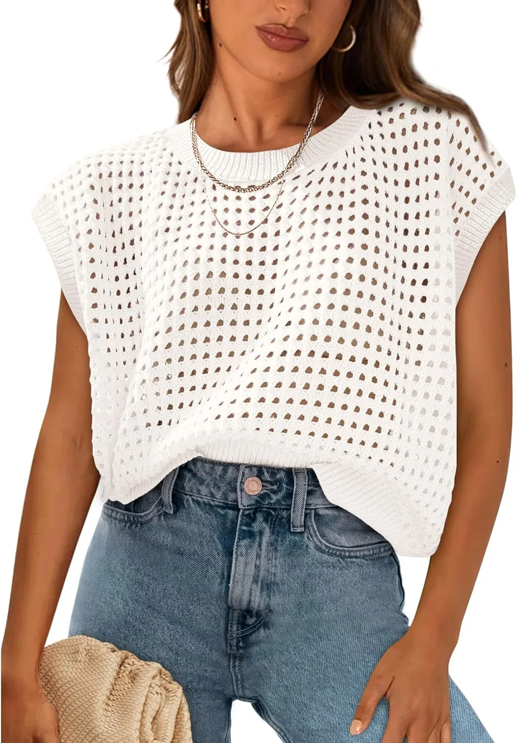 PRETTYGARDEN Womens Spring Tops 2025 Summer Shirts Crochet Cap Sleeve Sweater Pullover Cute Beach Vacation Clothes