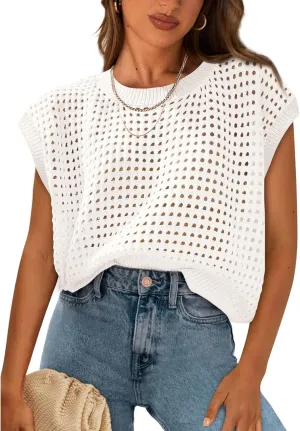 PRETTYGARDEN Womens Spring Tops 2025 Summer Shirts Crochet Cap Sleeve Sweater Pullover Cute Beach Vacation Clothes