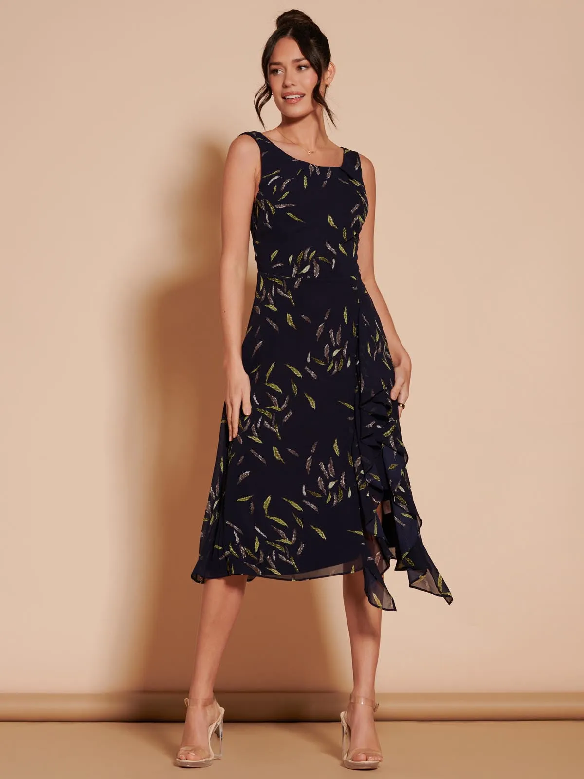 Print Frill Hem Chiffon Midi Dress, Navy Multi