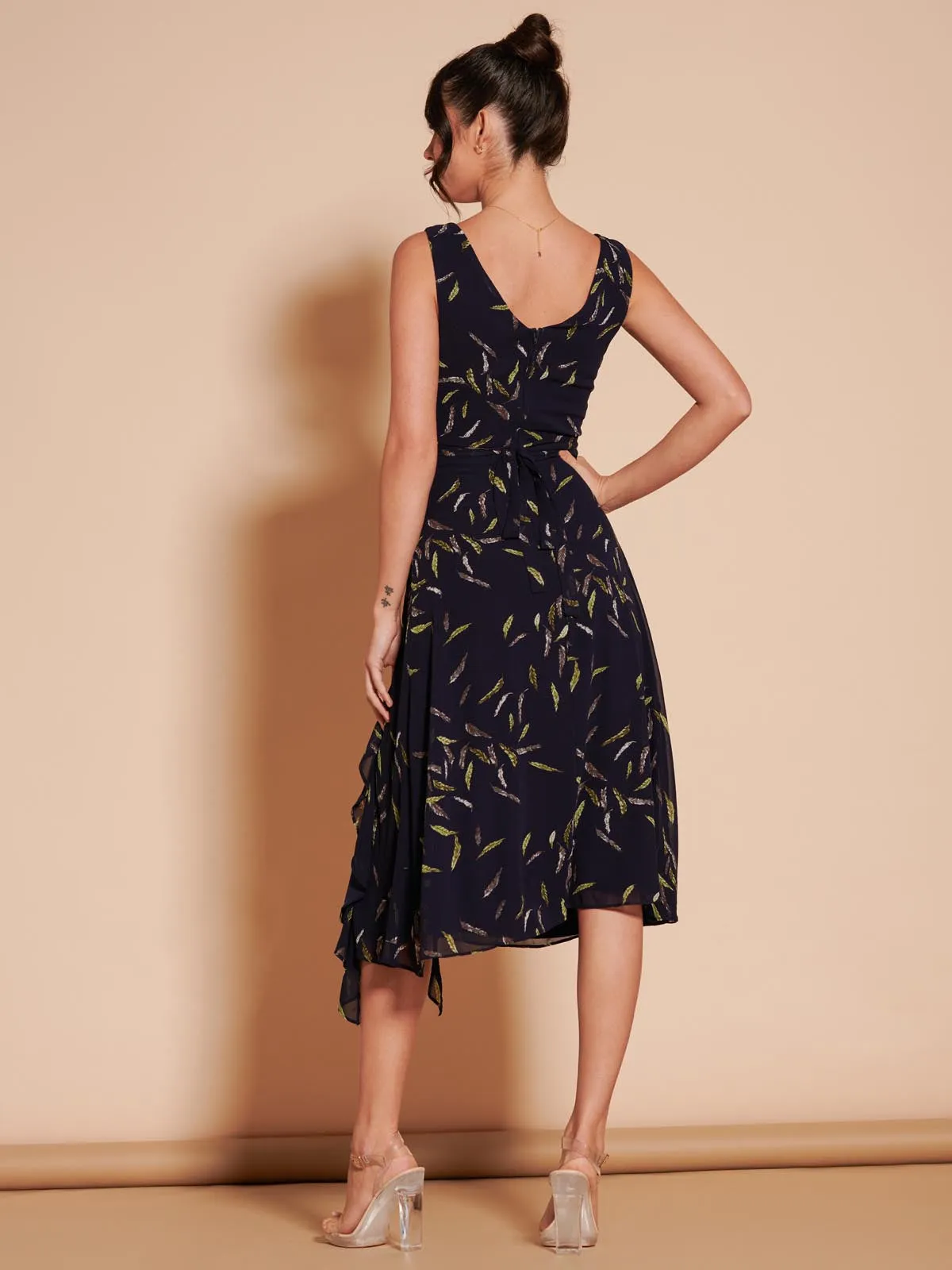 Print Frill Hem Chiffon Midi Dress, Navy Multi