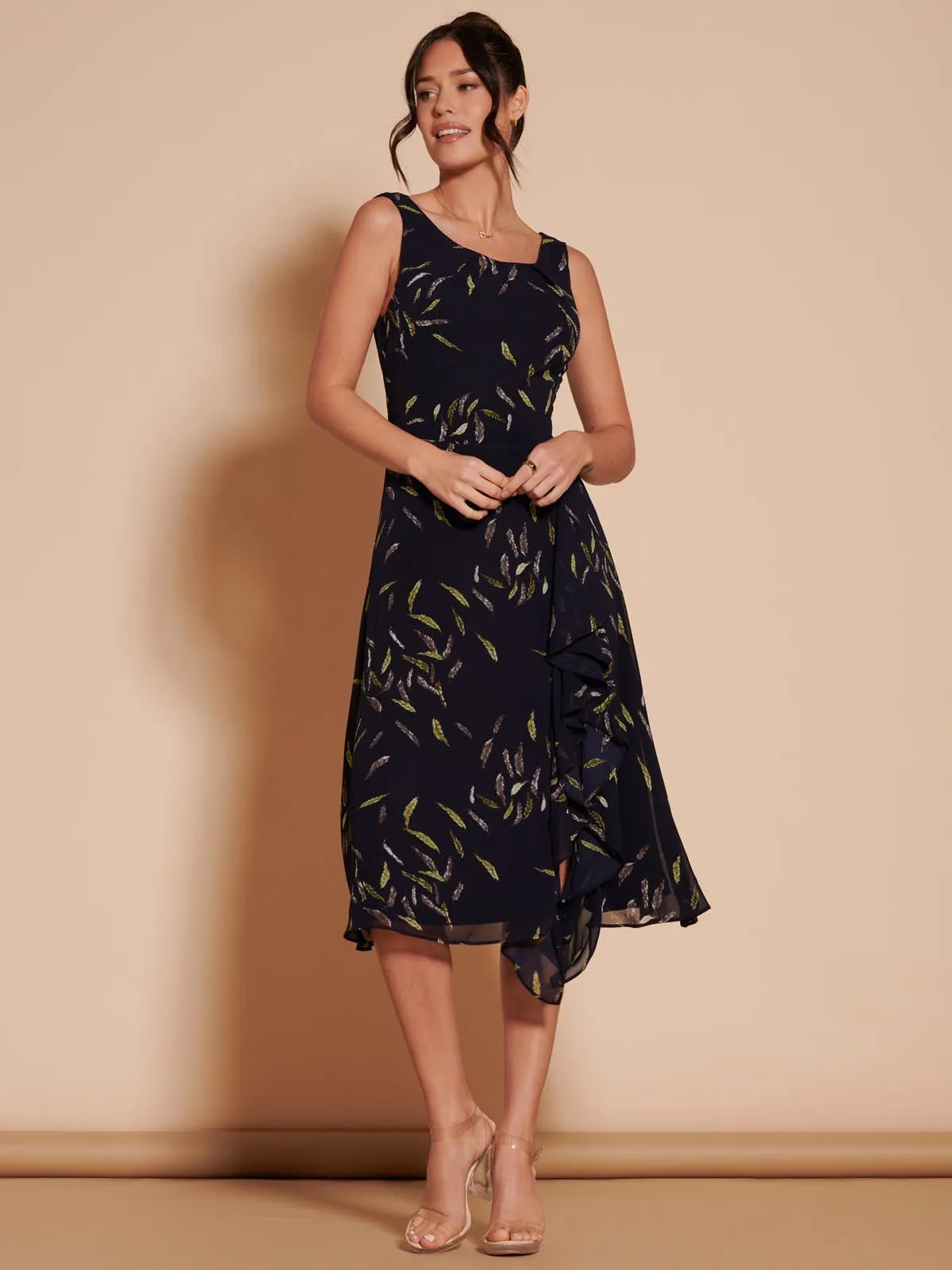 Print Frill Hem Chiffon Midi Dress, Navy Multi