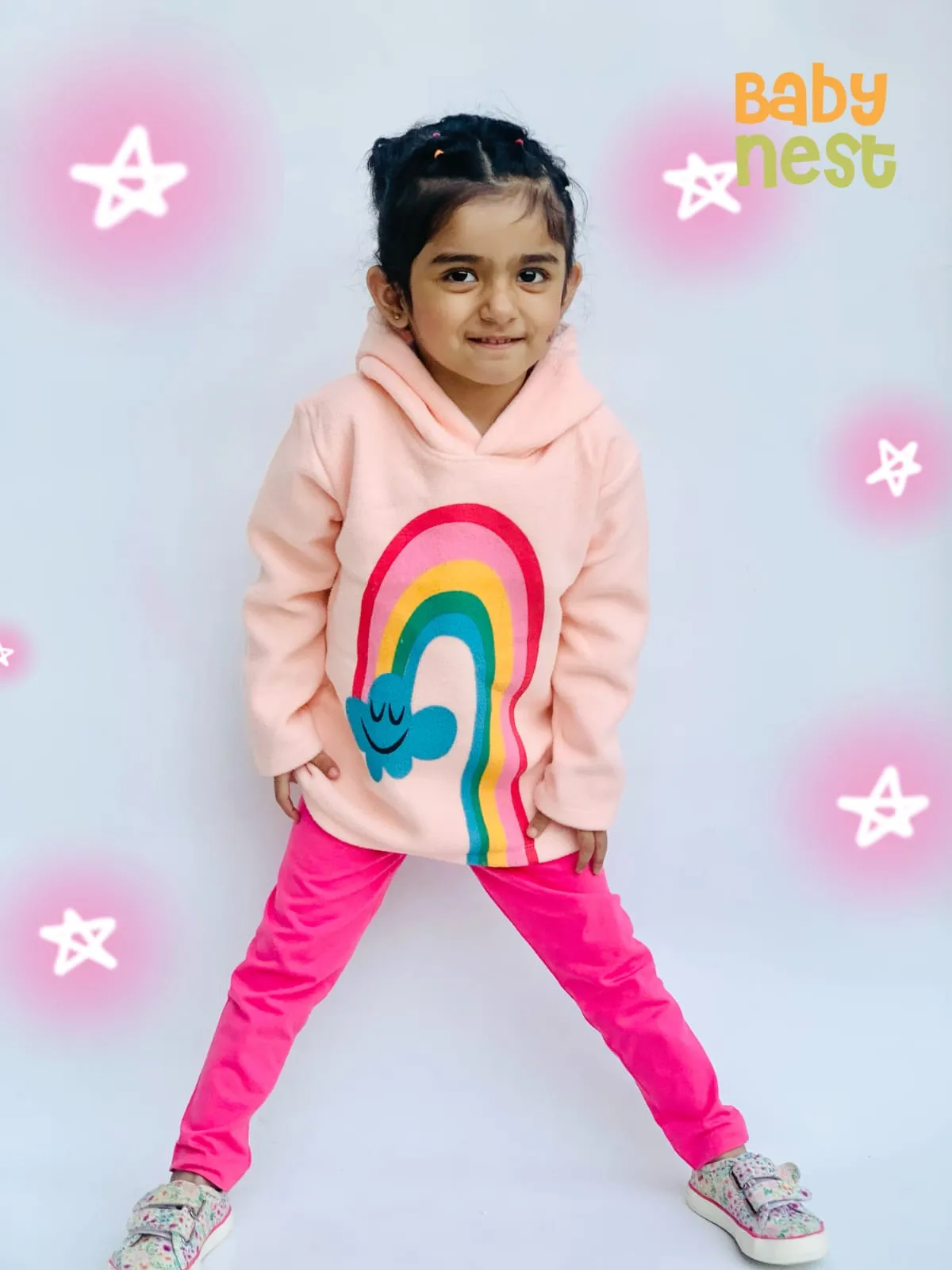Printed Rainbow Clouds Fleece Full Sleeves  Hoodie  Peach