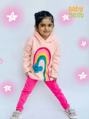 Printed Rainbow Clouds Fleece Full Sleeves  Hoodie  Peach