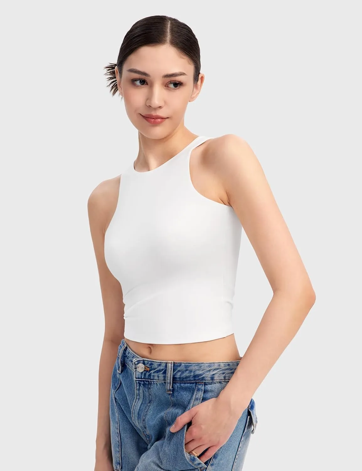 PUMIEY Women's High Neck Tank Top Sleeveless Summer Crop Tops for Women Smoke Cloud Pro Collection
