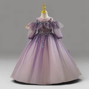 Purple Sequin Tulle Off-Shoulder Flower Girl Dress for Wedding – Plus Size