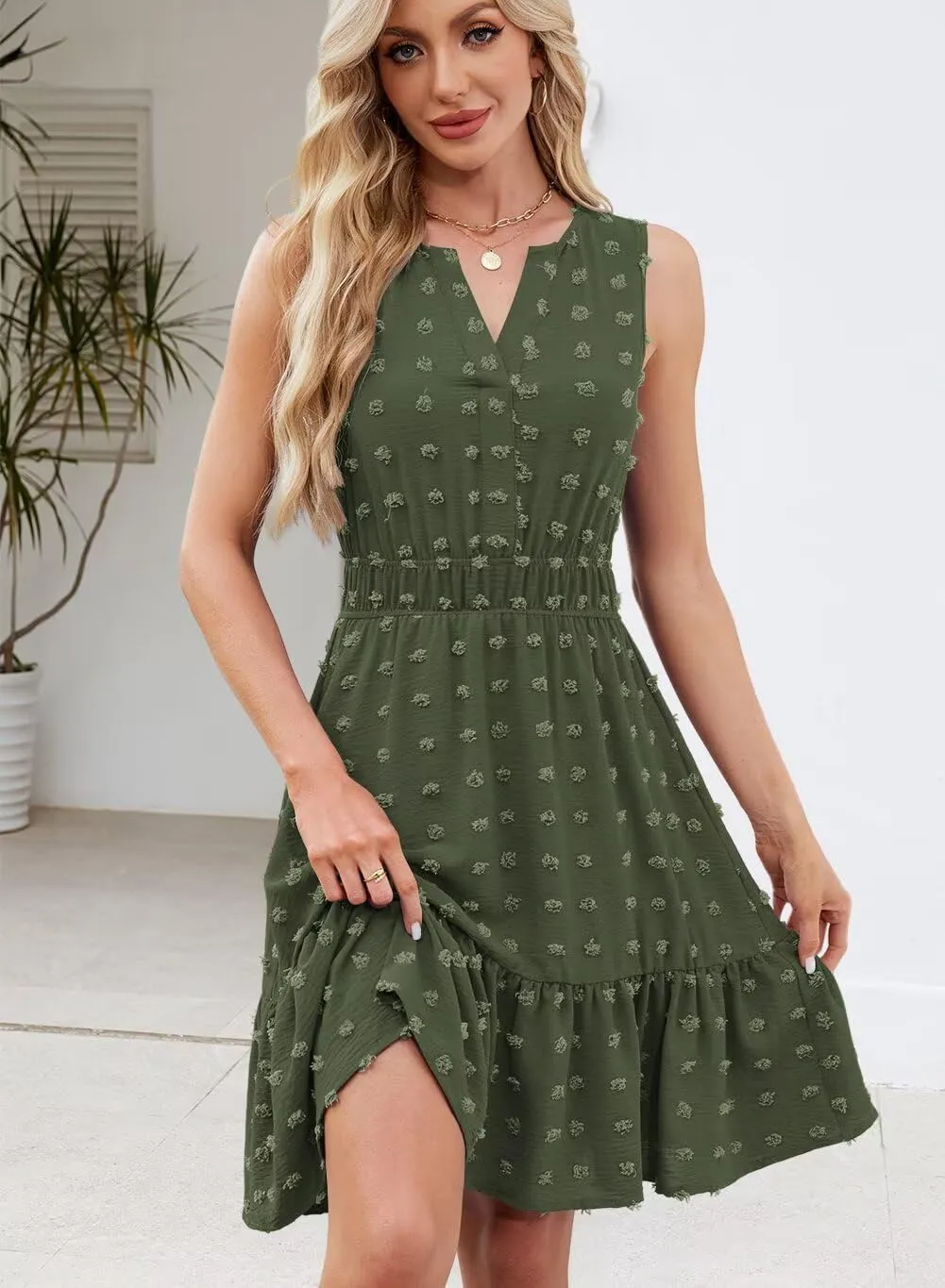 QACOHU 2025 Women Summer Short Dress Sleeveless V Neck Swiss Dot A Line Swing Mini Sundress for Women