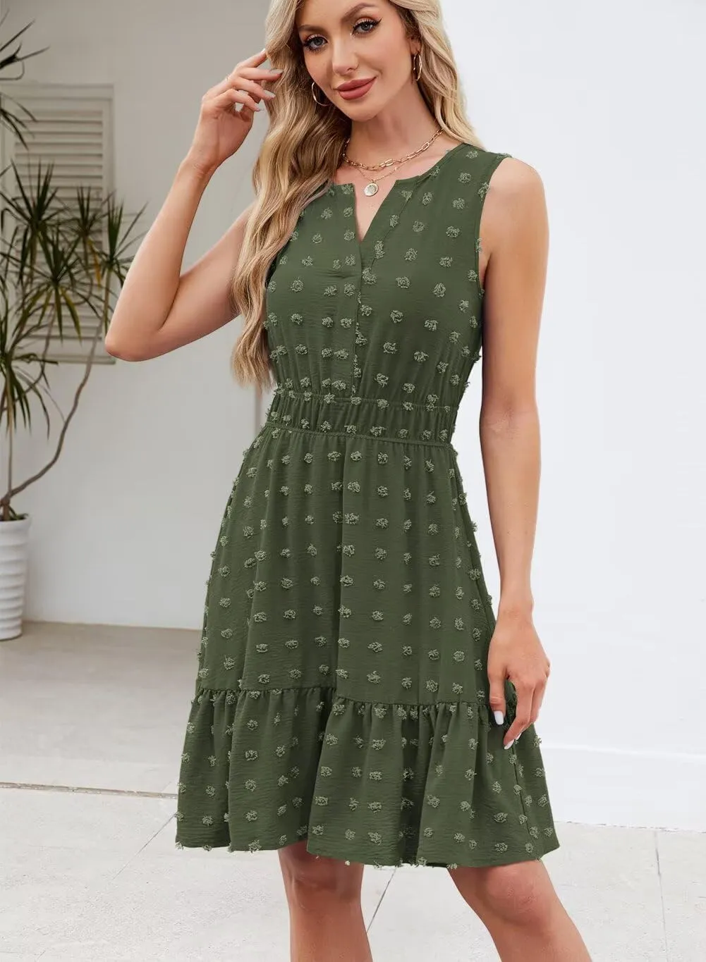 QACOHU 2025 Women Summer Short Dress Sleeveless V Neck Swiss Dot A Line Swing Mini Sundress for Women