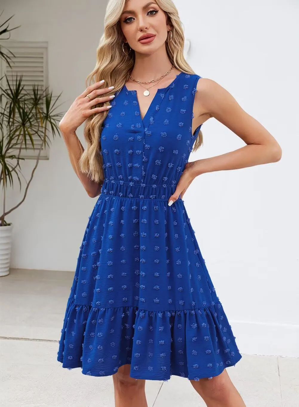 QACOHU 2025 Women Summer Short Dress Sleeveless V Neck Swiss Dot A Line Swing Mini Sundress for Women