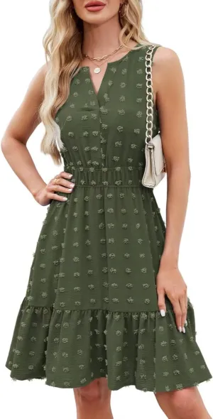 QACOHU 2025 Women Summer Short Dress Sleeveless V Neck Swiss Dot A Line Swing Mini Sundress for Women