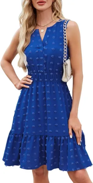 QACOHU 2025 Women Summer Short Dress Sleeveless V Neck Swiss Dot A Line Swing Mini Sundress for Women