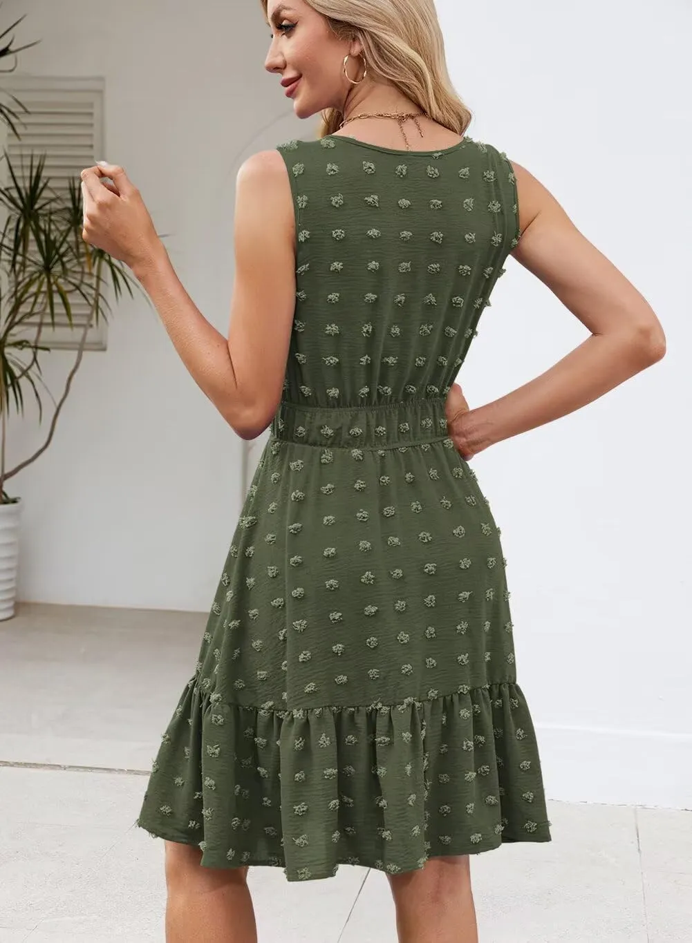 QACOHU 2025 Women Summer Short Dress Sleeveless V Neck Swiss Dot A Line Swing Mini Sundress for Women