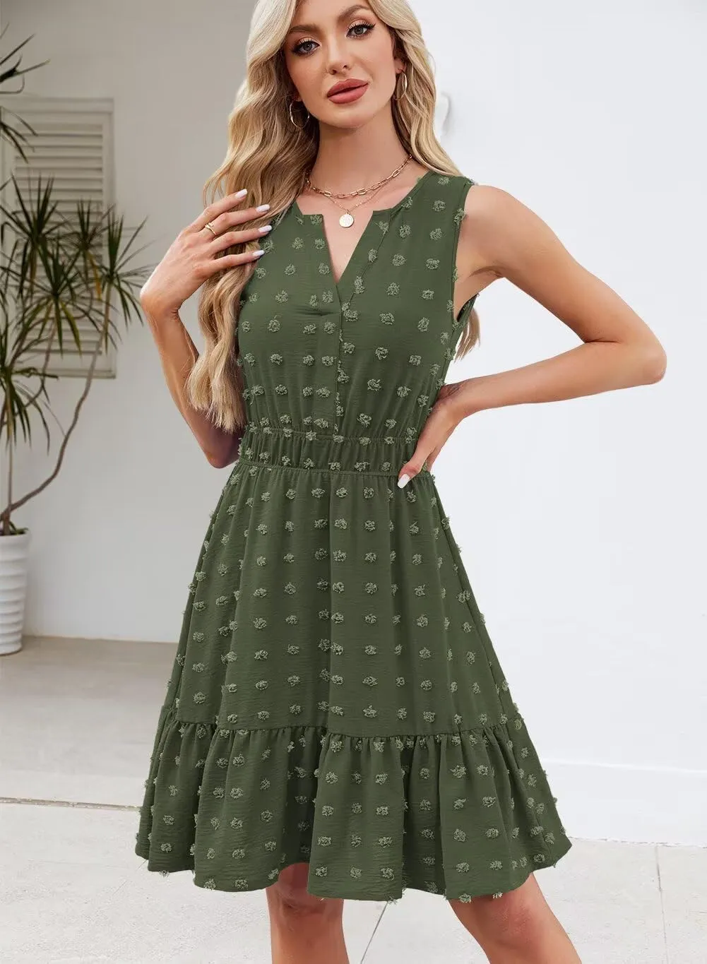 QACOHU 2025 Women Summer Short Dress Sleeveless V Neck Swiss Dot A Line Swing Mini Sundress for Women