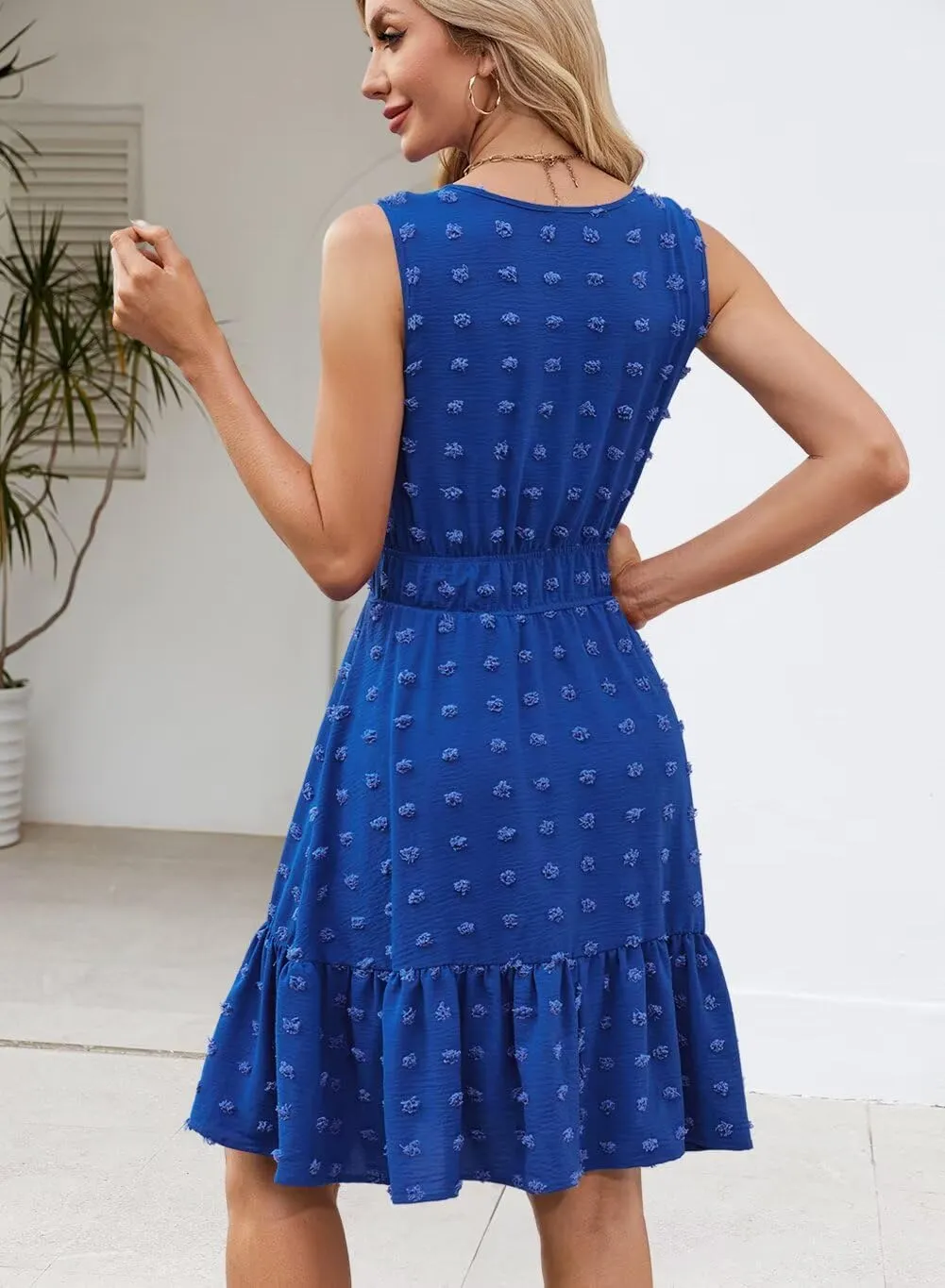 QACOHU 2025 Women Summer Short Dress Sleeveless V Neck Swiss Dot A Line Swing Mini Sundress for Women