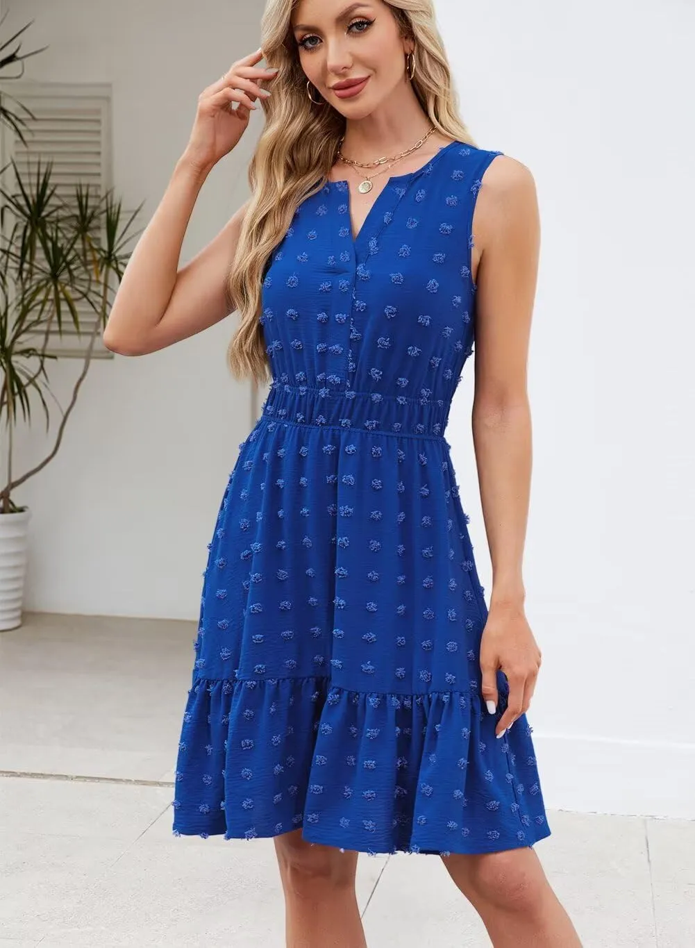 QACOHU 2025 Women Summer Short Dress Sleeveless V Neck Swiss Dot A Line Swing Mini Sundress for Women