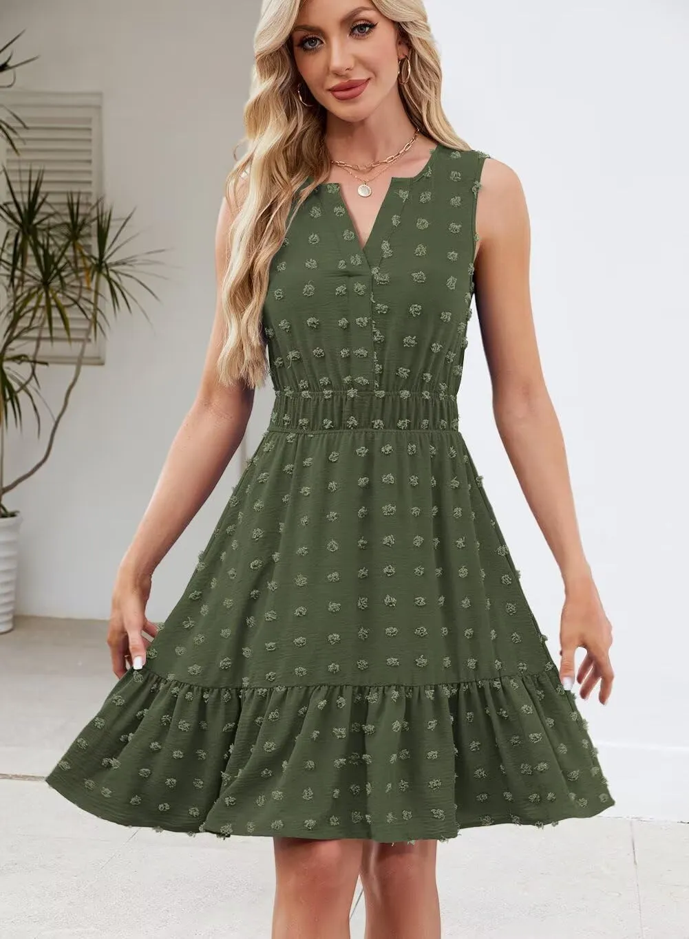 QACOHU 2025 Women Summer Short Dress Sleeveless V Neck Swiss Dot A Line Swing Mini Sundress for Women