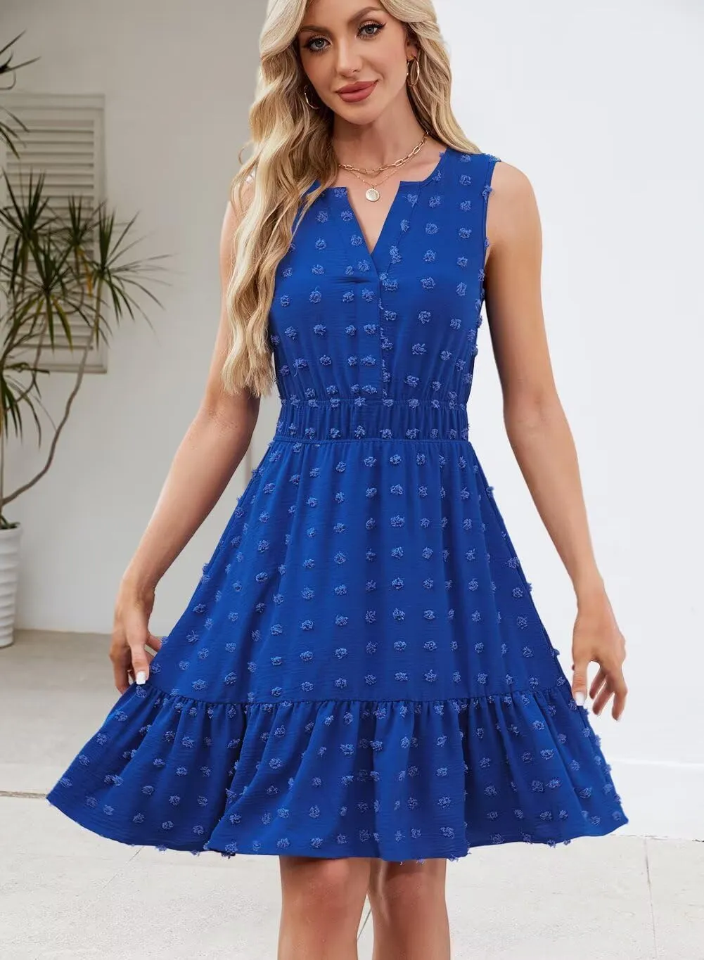 QACOHU 2025 Women Summer Short Dress Sleeveless V Neck Swiss Dot A Line Swing Mini Sundress for Women