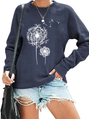 Qbily Women's Floral Printed Sweatshirt Casual Fall Wildflowers Graphic Tees Pullover Tops