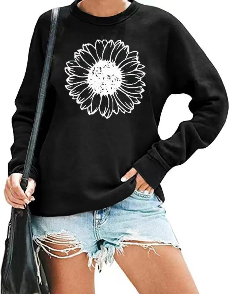 Qbily Women's Floral Printed Sweatshirt Casual Fall Wildflowers Graphic Tees Pullover Tops