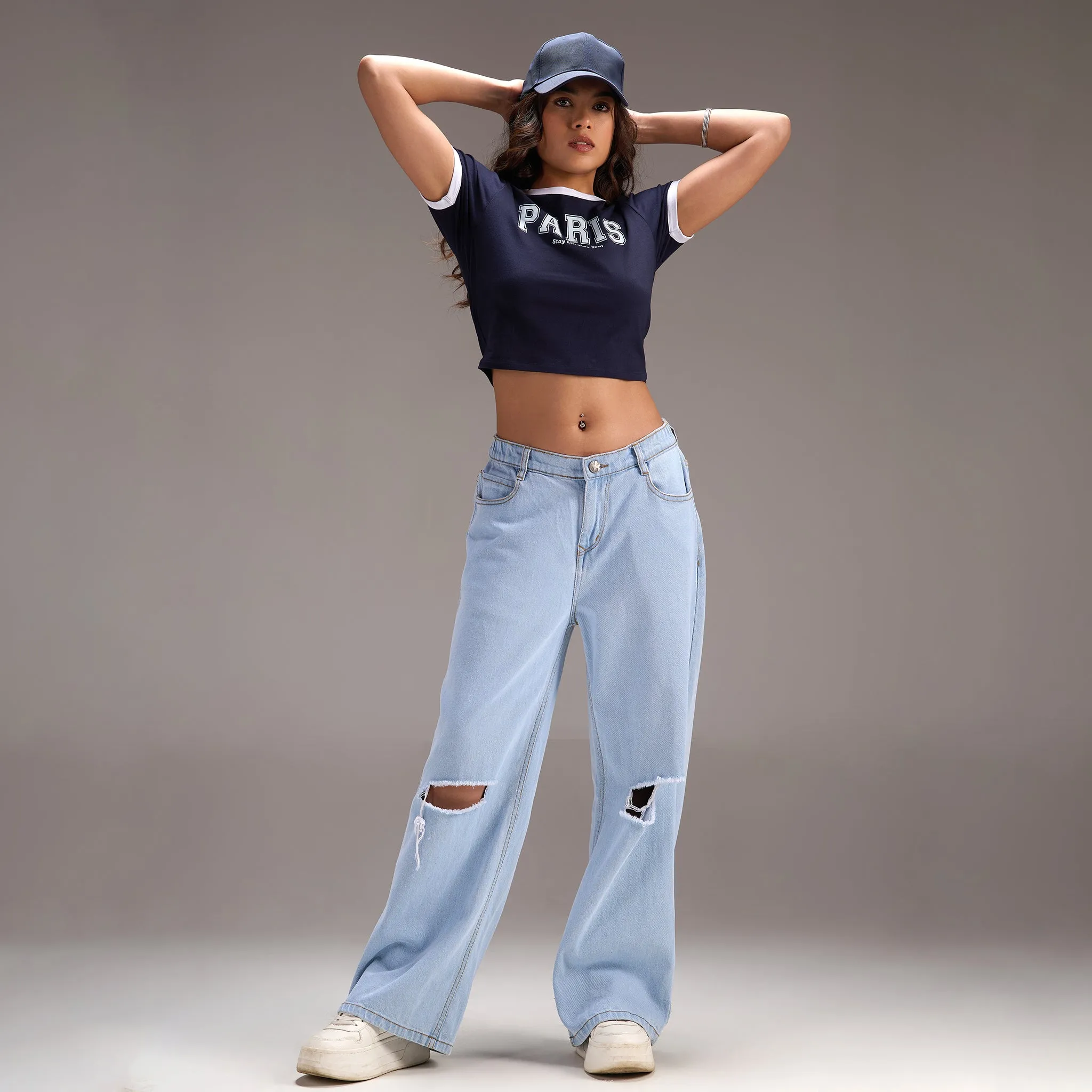 "Varsity Paris" Blue Cropped Fitted Baby Tee