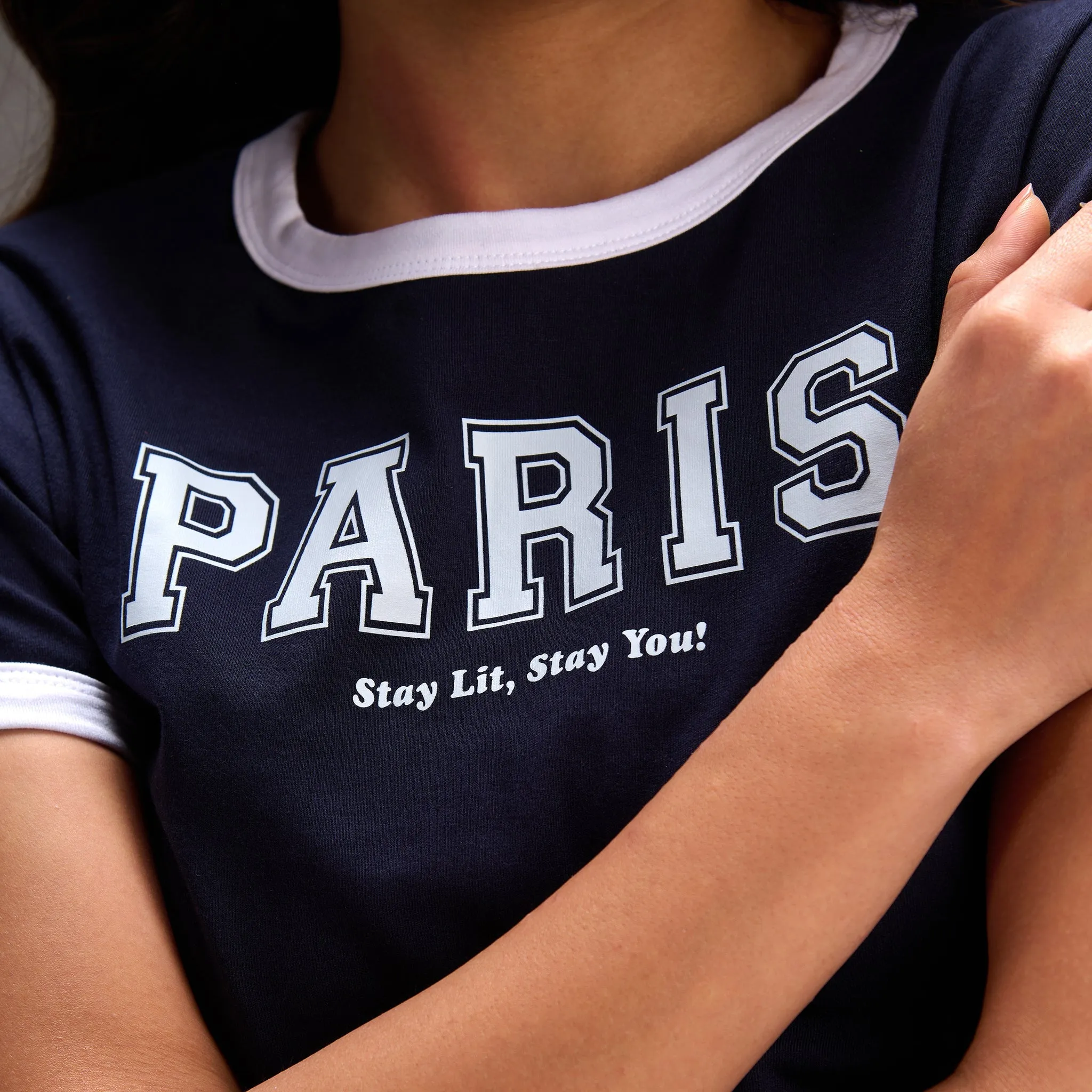"Varsity Paris" Blue Cropped Fitted Baby Tee