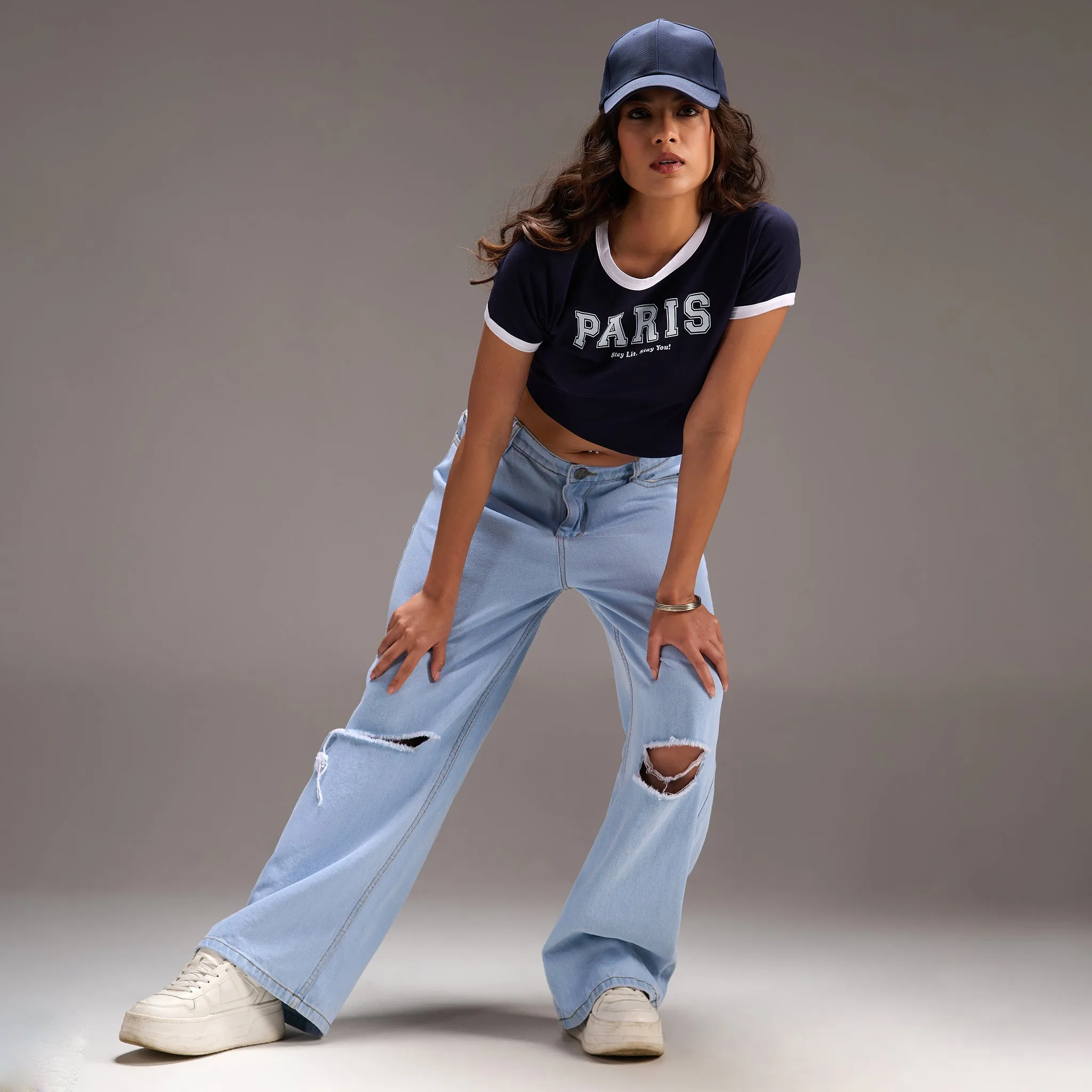 "Varsity Paris" Blue Cropped Fitted Baby Tee