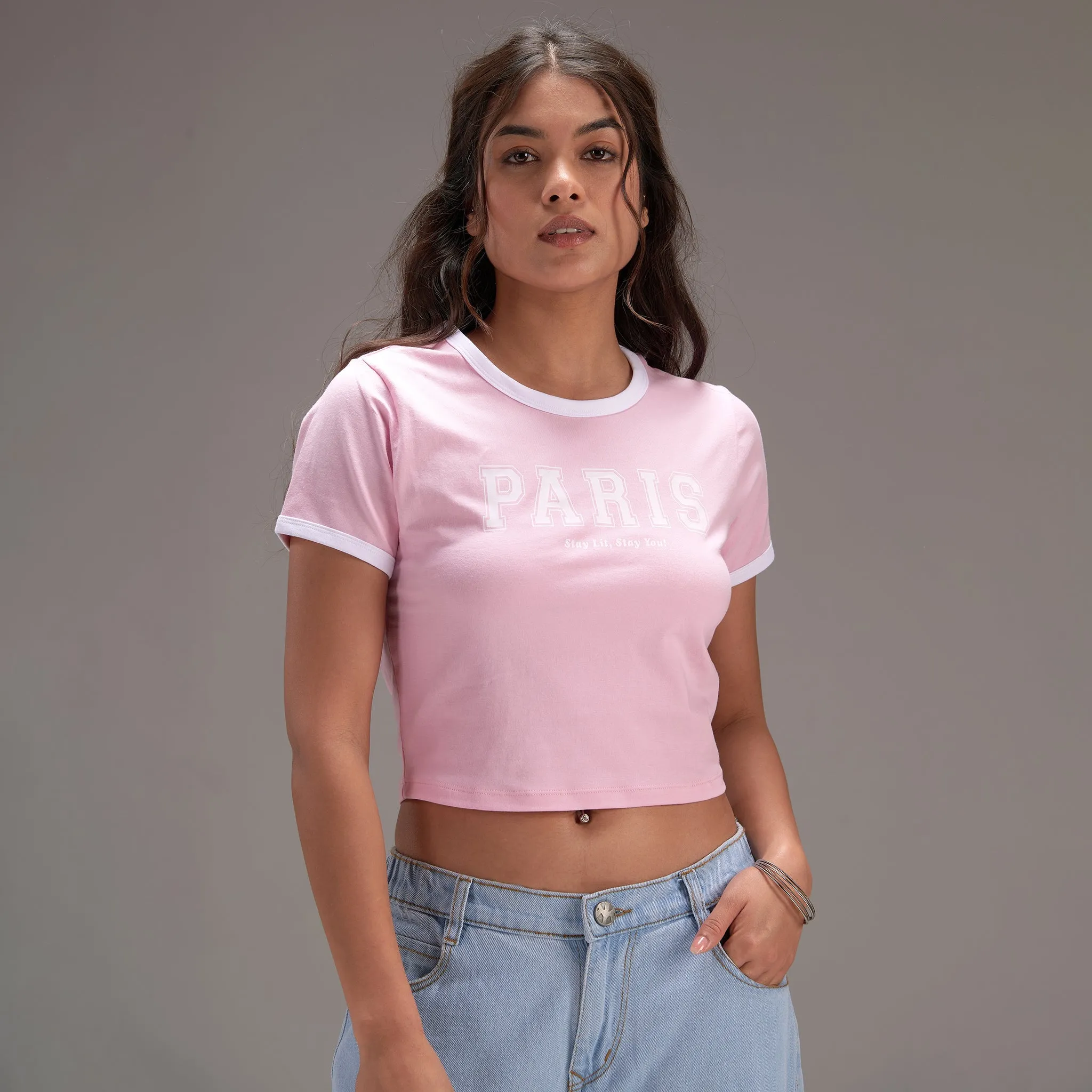 "Varsity Paris" Blue Cropped Fitted Baby Tee