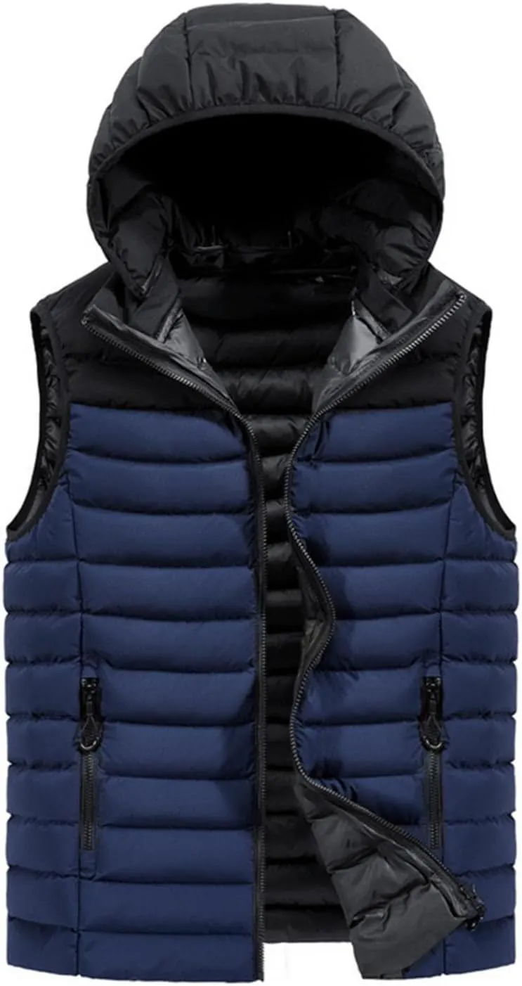 QWENTMTNTY Men's Lightweight Outerwear Vests Big and Tall Cotton Padded Winter Thick Hoodie Jackets Sleeveless Zipper Pockets Coats