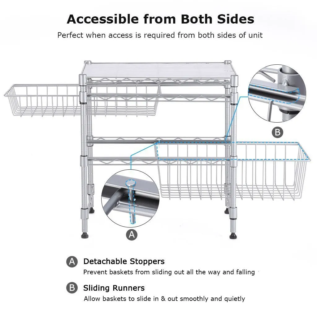 Rackaphile Stackable 2 Tier Sliding Basket Organizer Drawer, Under Sink Cabinet with Adjustable Leveling Feet, Rack Shelf for Bathroom Kitchen Closet Office Desktop, Silver