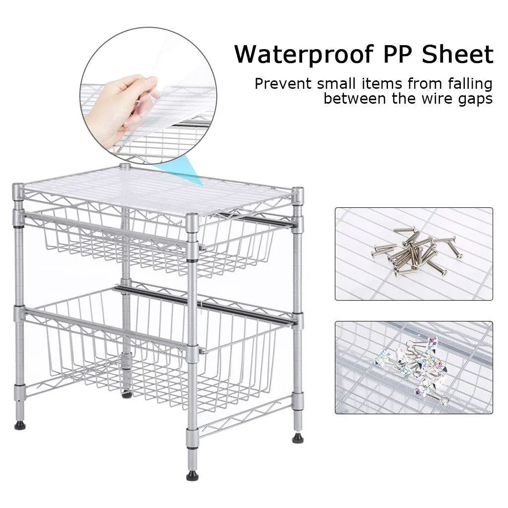 Rackaphile Stackable 2 Tier Sliding Basket Organizer Drawer, Under Sink Cabinet with Adjustable Leveling Feet, Rack Shelf for Bathroom Kitchen Closet Office Desktop, Silver