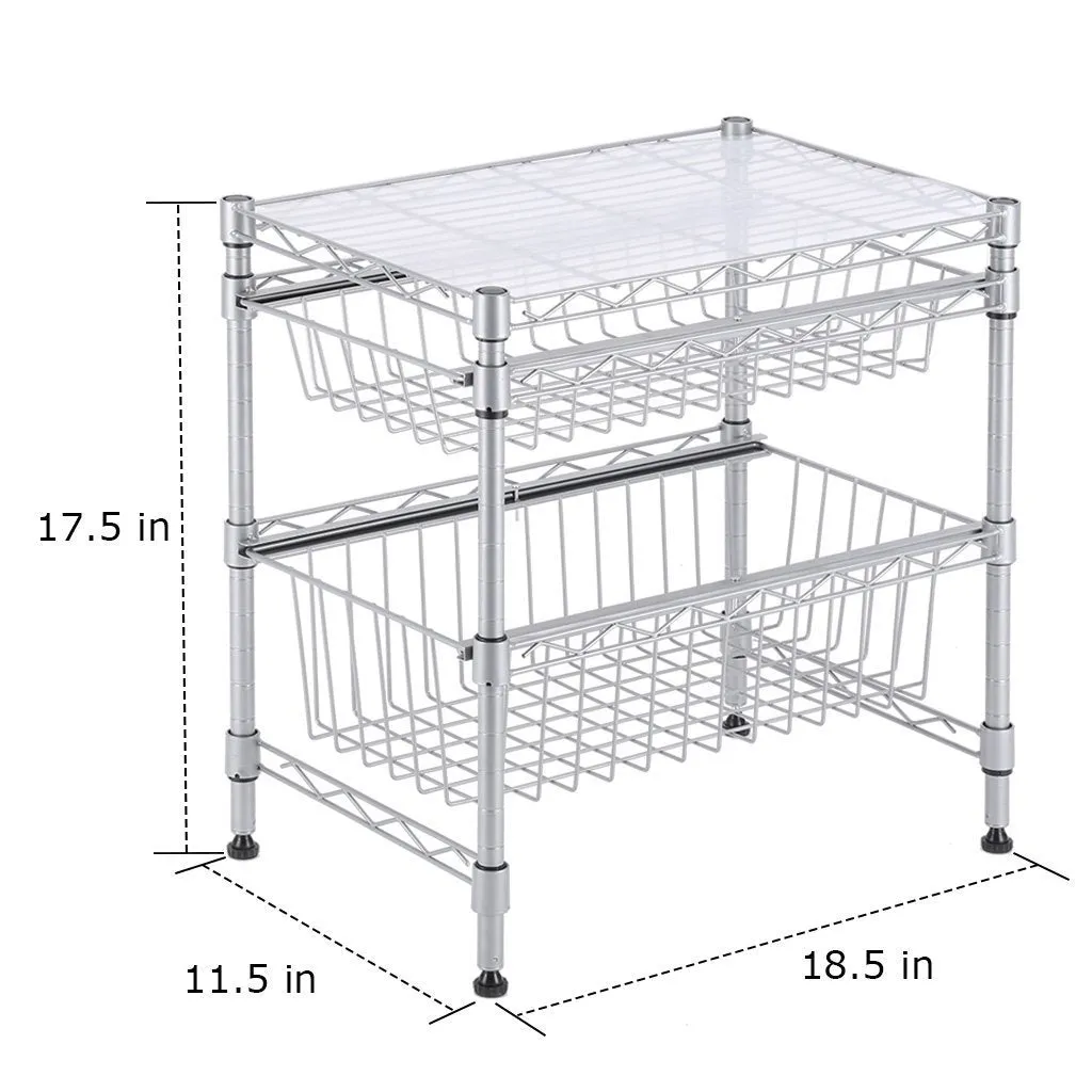 Rackaphile Stackable 2 Tier Sliding Basket Organizer Drawer, Under Sink Cabinet with Adjustable Leveling Feet, Rack Shelf for Bathroom Kitchen Closet Office Desktop, Silver