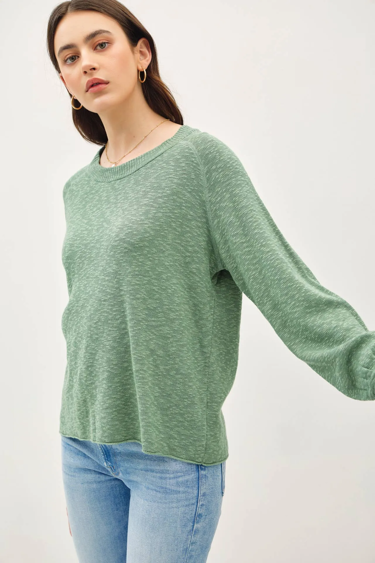 RAGLAN LONG SLEEVE PULLOVER SLUB YARN KNIT SWEATER