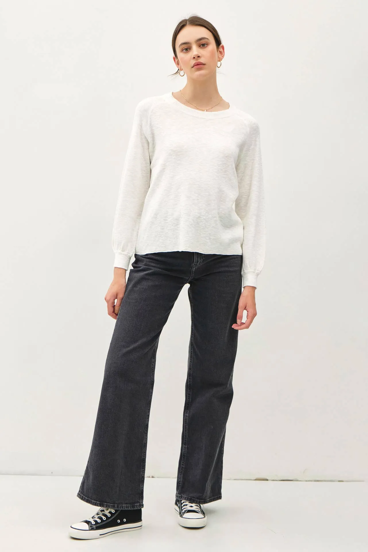 RAGLAN LONG SLEEVE PULLOVER SLUB YARN KNIT SWEATER