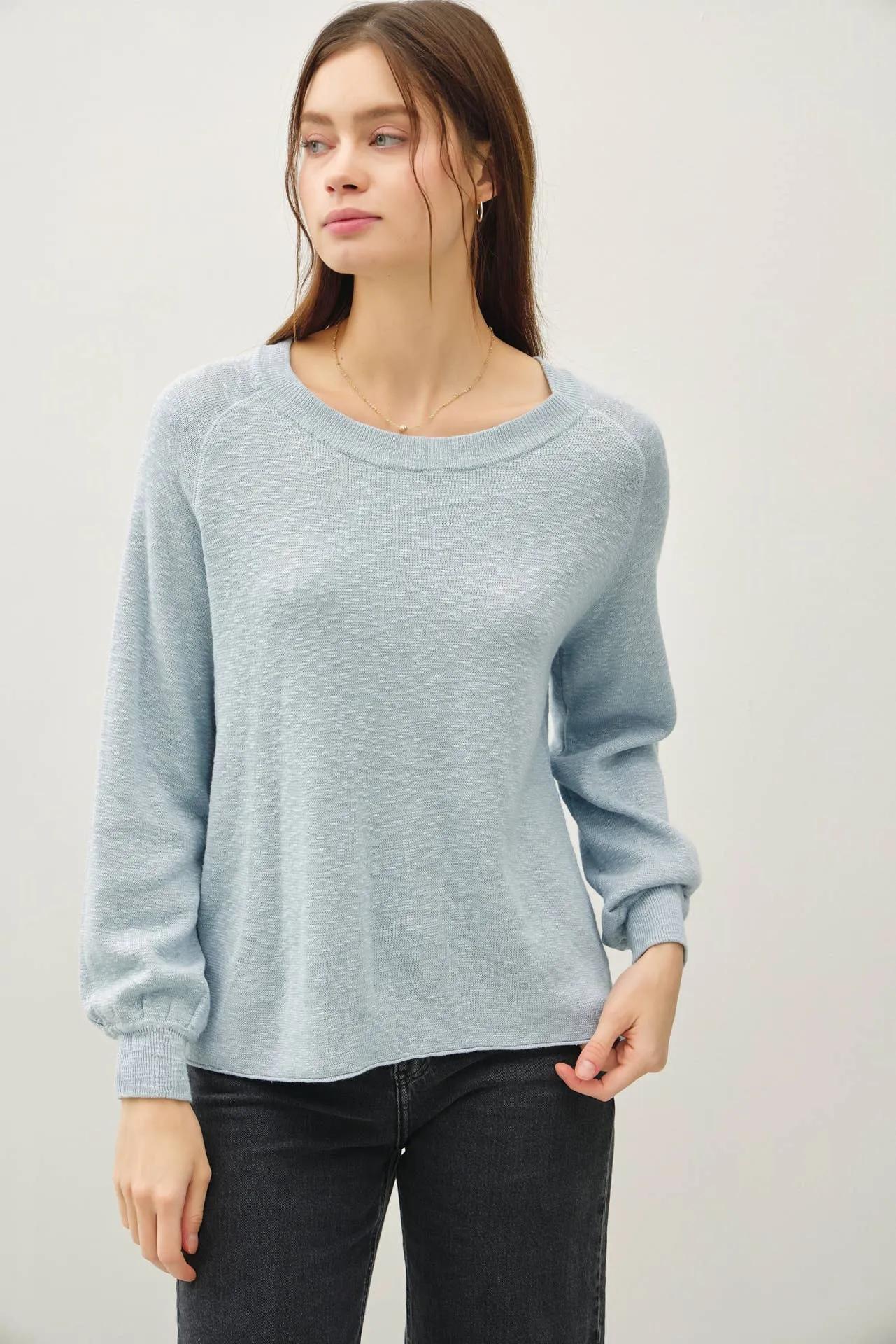 RAGLAN LONG SLEEVE PULLOVER SLUB YARN KNIT SWEATER