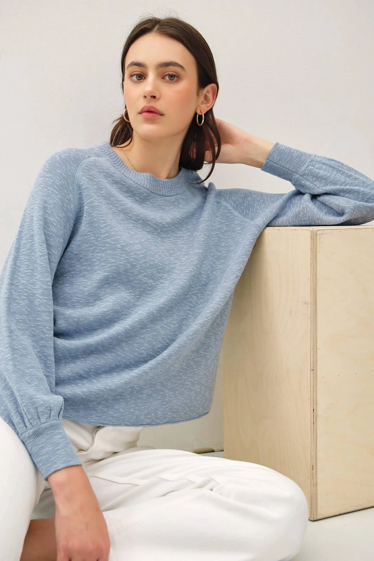 RAGLAN LONG SLEEVE PULLOVER SLUB YARN KNIT SWEATER