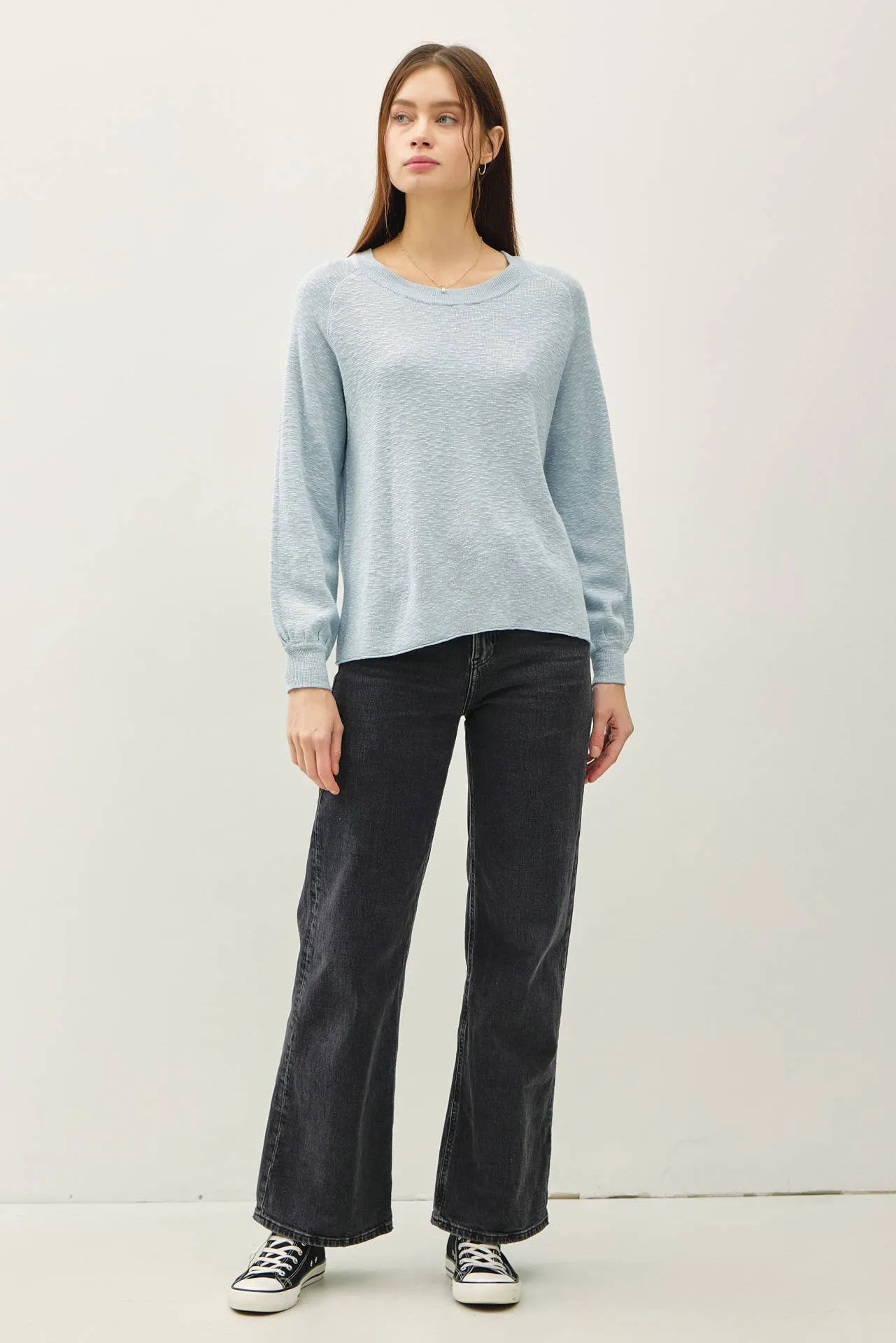 RAGLAN LONG SLEEVE PULLOVER SLUB YARN KNIT SWEATER