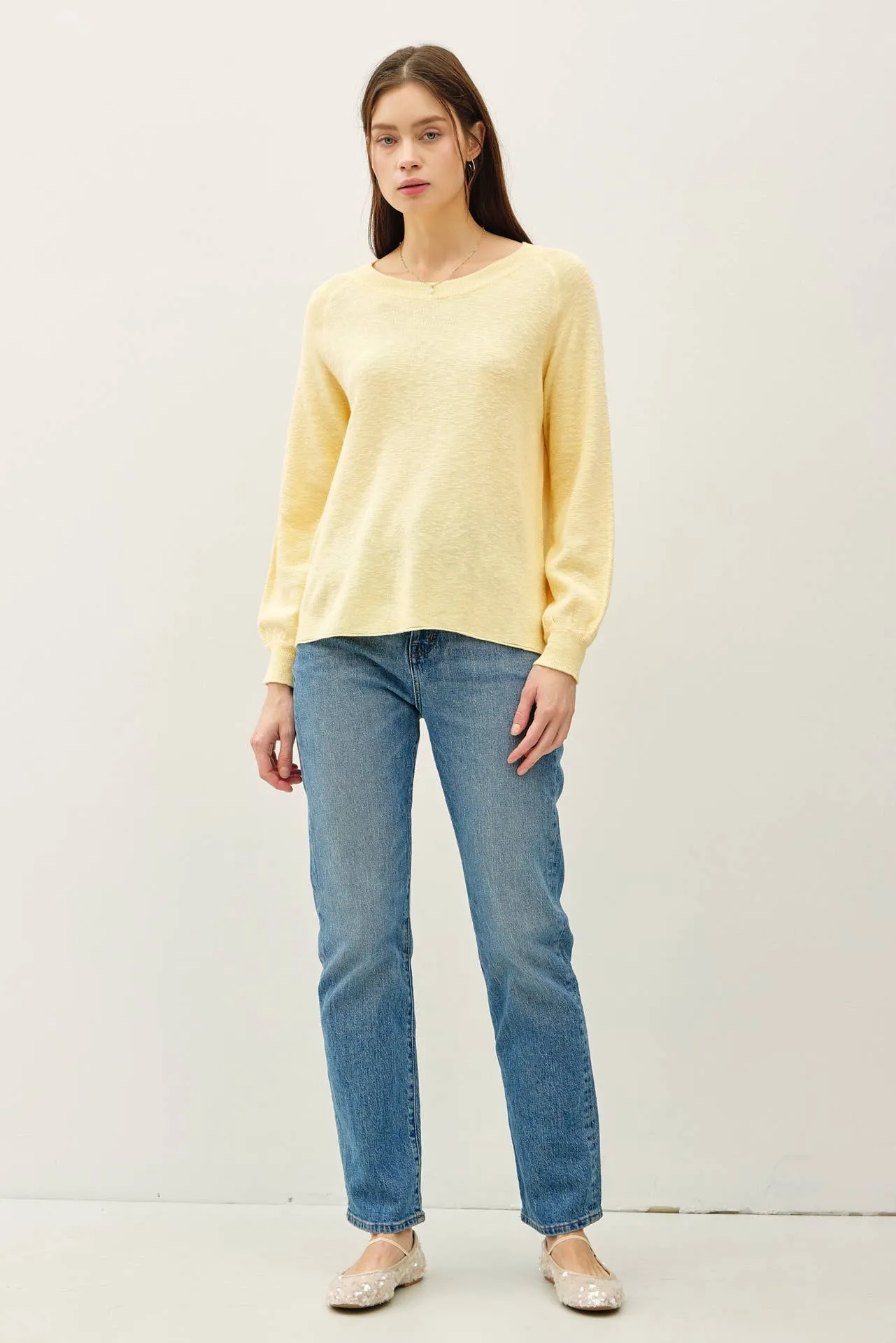 RAGLAN LONG SLEEVE PULLOVER SLUB YARN KNIT SWEATER